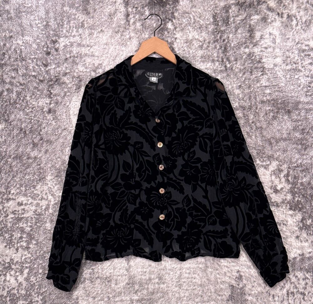 Citron Santa Monica Top Small Womens Black Silk Floral Velvet Long Sleeve Shirt
